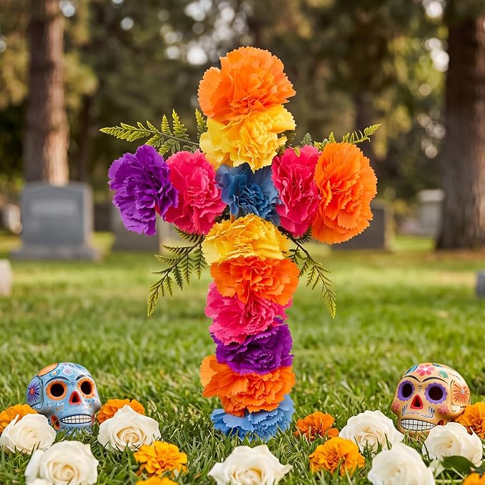Canlierr Dia De Los Muertos Decor, Marigold Cross Sign for Ofrenda Cemetery