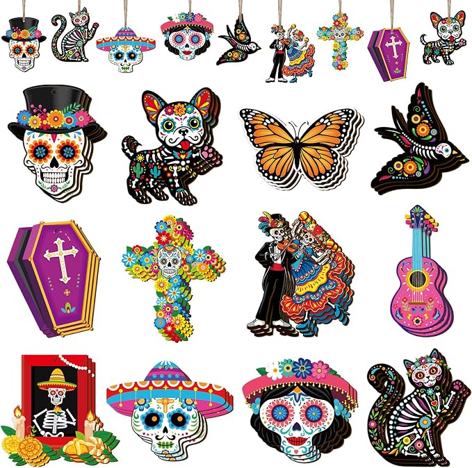 36Pcs Day of The Dead Wood Ornaments for Tree Dia De Los Muertos Decorations Indoor Sugar Skulls Hanging Sign for Dia de Los Muertos Altar Decor Mexican Fiesta Pendant Party Supplies