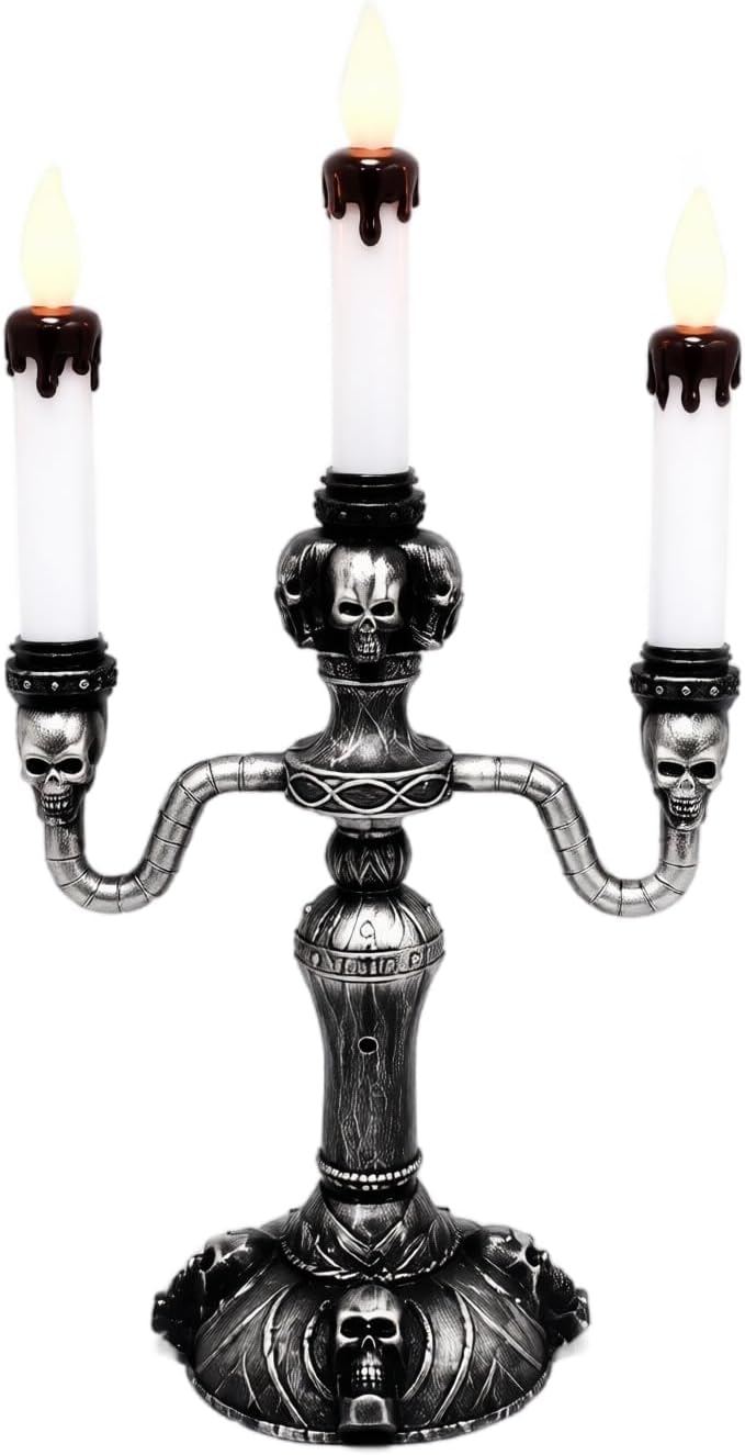 Halloween LED Candelabra Skull Candle Holder 3-Light Centerpiece，B - skull candle