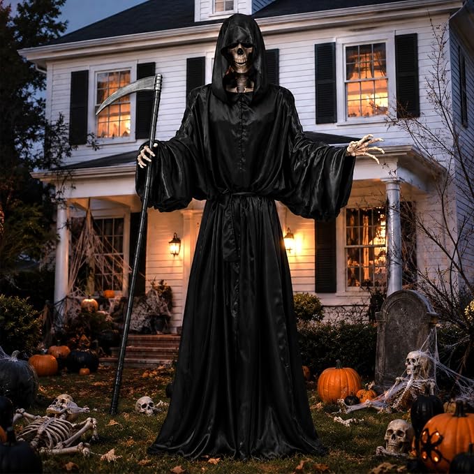 2 Pcs Grim Reaper Halloween Decor 12ft Death Robe & Scythe Skeleton Props - skeleton