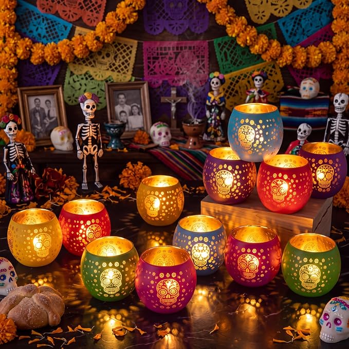 FillTouch 12 Pcs Día De Los Muertos Votive Candle Holder, Skull Party Decor - skull candle