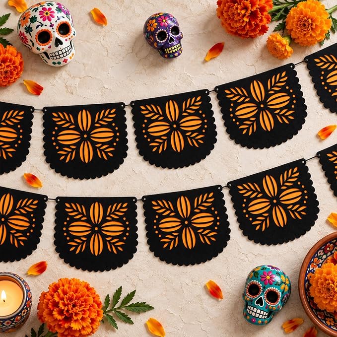 96 Pcs Dia De Los Muertos Marigold Banner Day of The Dead Decor, Orange - skull carpet