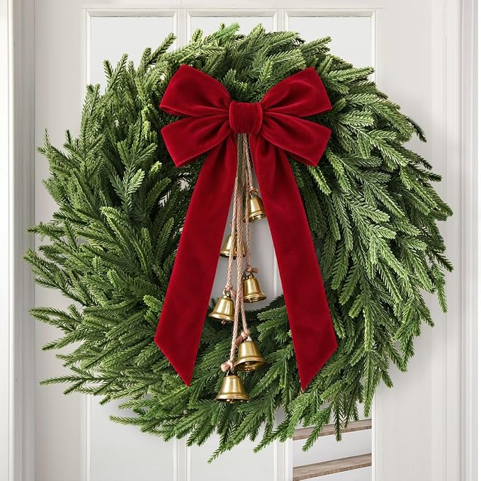 Christmas Decor, 24" Norfolk Pine Christmas Wreath with Velvet Bow & Bells - skull wreath