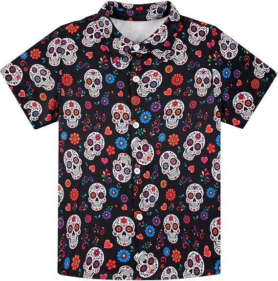 uideazone Boys Novelty Print Short Sleeve Button Down Hawaiian Shirt 5-14Y - skull tshirt