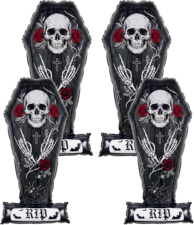 4 Pcs Halloween Coffin Balloons with RIP Base, Large Skeleton Foil Balloons - skull inflatable