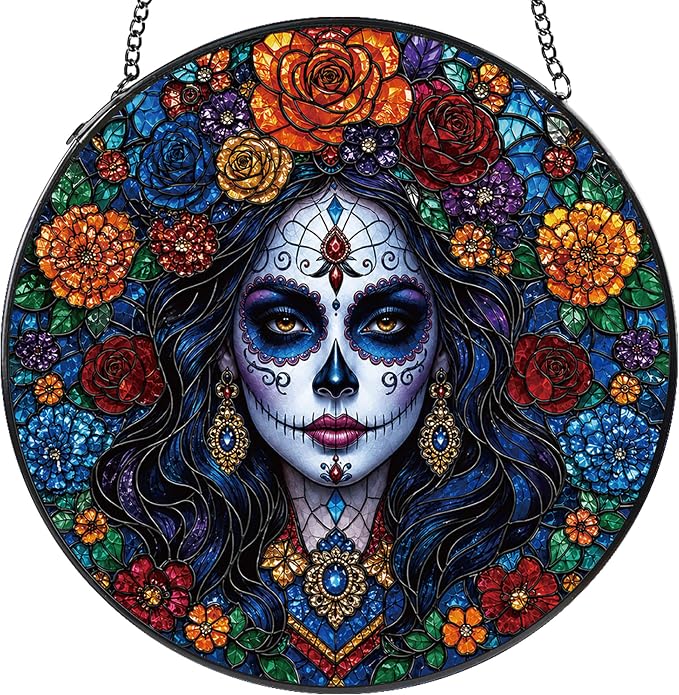 Day of the Dead Suncatcher, 8 Inch Round Glass Window Decor - skull wreath