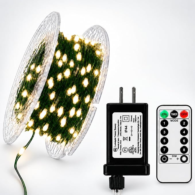 100FT Fairy Lights Plug In, 300 LED Warm White, Remote Timer, Green Wire - string light