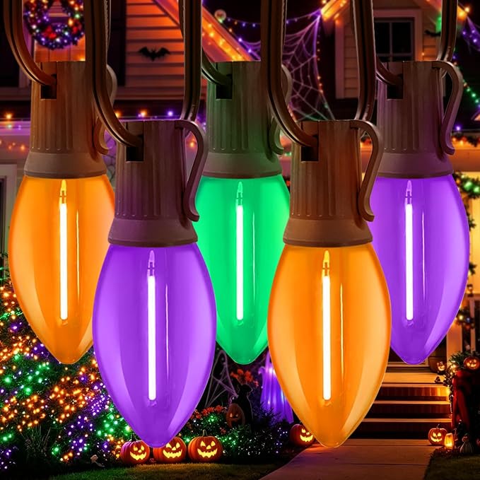 LAMPHOME C9 25FT 25 LED Orange Purple Green Halloween Lights, Vintage String Lights with Brown Wire, Waterproof Indoor Outdoor Hanging Decor for Garden, Patio, Christmas & Spooky Party - string light