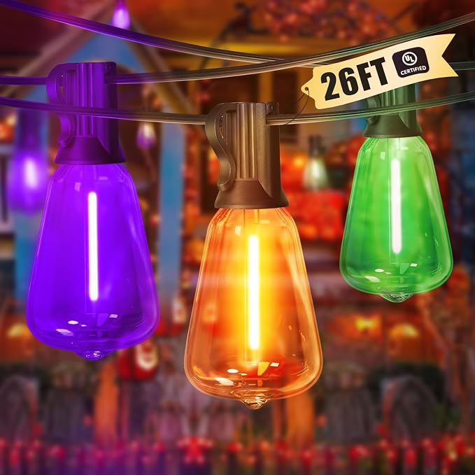 LAMPHOME Orange Purple Green Outdoor Halloween String Lights,26FT ST38 LED Patio Light 12+1 Shatterproof Edison Bulbs, Waterproof Connectable Outside Hanging Lights for Backyard Porch Party Decor - string light