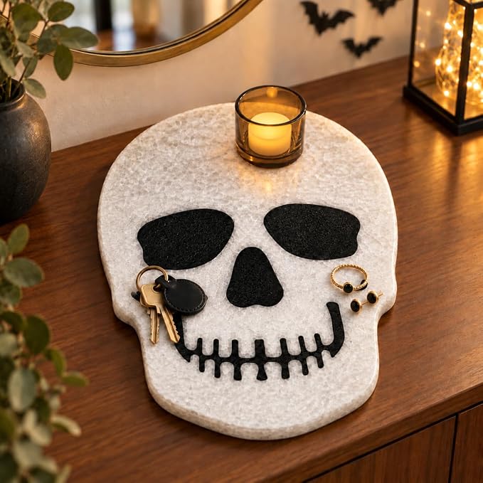 Marble Skull Halloween Tray, Natural Marble 12 x 9 Inch Cheese Board - skull plate