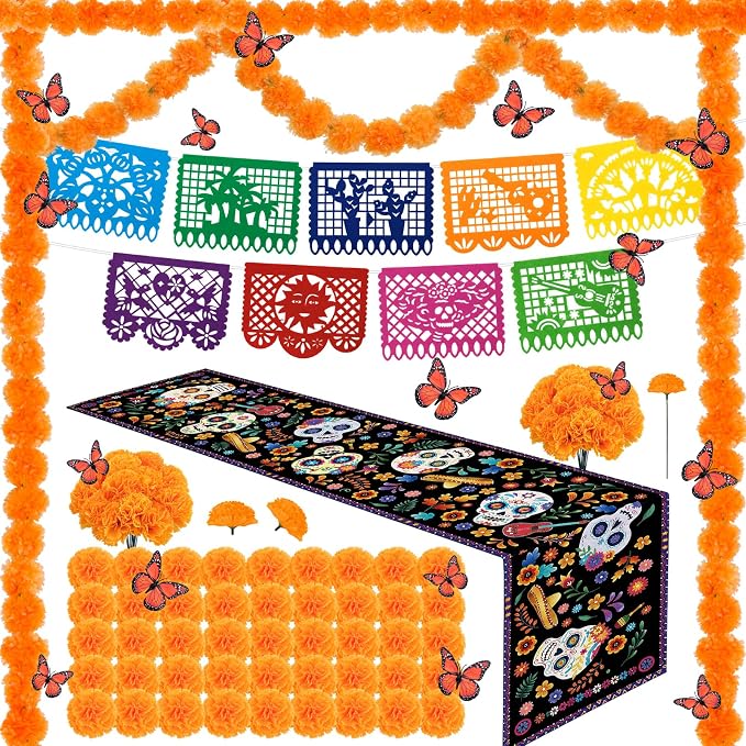 Dreamtop Dia de los Muertos Ofrenda Kit, Day of the Dead Marigold Decor Set - skull carpet