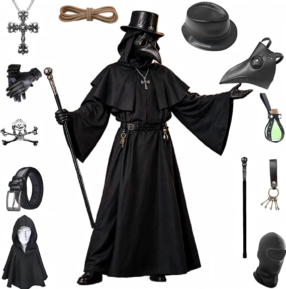 Adult Plague Doctor Costume Set, 13 Piece,Halloween Costume,Plague Doctor Black - sugar skull costume
