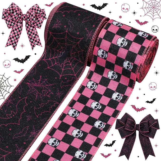 Halloween Wired Ribbon, Pink Gothic Skull & Bat Prints, 2.5″ x 10 Yards