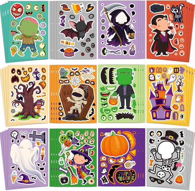 48 Sheets Halloween Stickers for Kids, Halloween Decorations, Halloween Party Favors, Cute Assorted Halloween Crafts Stickers for Party, Classroom, Treat Bags - skull sticker