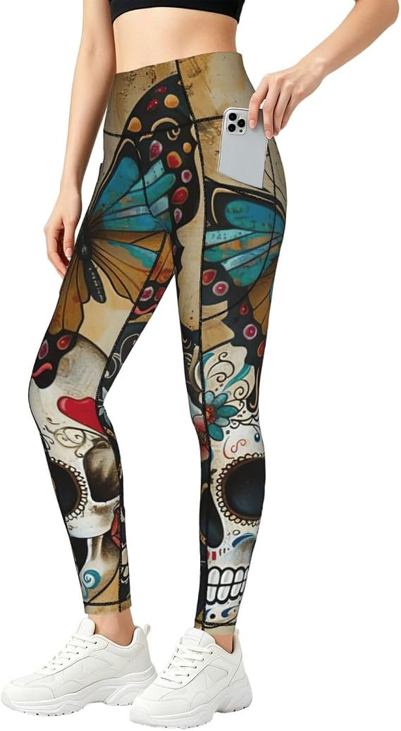 Sugar Skulls Butterfly Print Women's Yoga Pants Baggy Breathable Daily Running Workout Gym Casual Wear - skull leggings