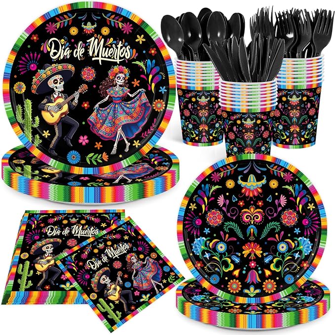 Day of the Dead Party Supplies for 24 Guests Plates Cups Napkins - skull plate