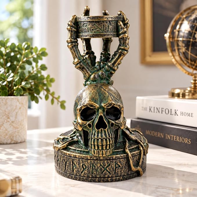 Halloween Skull Candle Holder with Skeleton Hands - skull candle