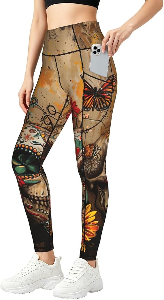 Sugar Skulls Butterfly Print Women's Yoga Pants Baggy Breathable Daily Running Workout Gym Casual Wear - skull leggings