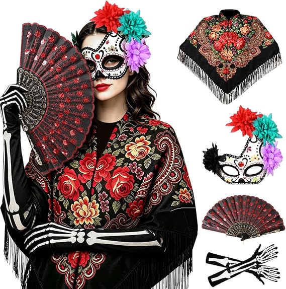 4-Pc Day of the Dead Costume, Mexican Shawl, Sugar Skull Mask, Fan & Gloves - sugar skull costume