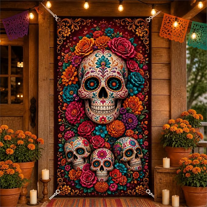 Day of the Dead Door Cover Halloween Party Decor for Front Porch Sugar Skull Floral Backdrop Washable Polyester Banner for Party Supplies - skull candle
