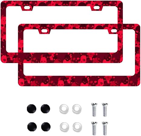 2-Pack Red Skull License Plate Frames, Aluminum Car Tag Holders w/Screws - skull plate