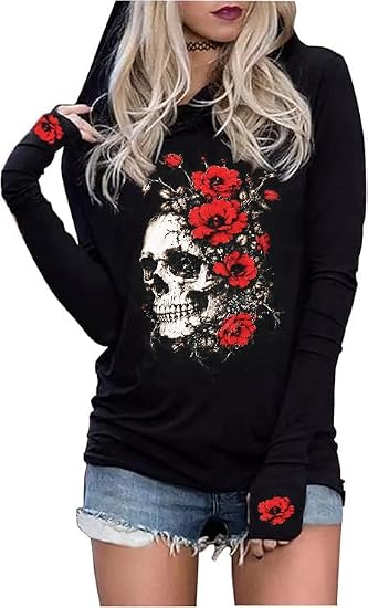 GREFLYING Halloween Hoodie T Shirts for Women Skull Pullover Hoodie Tops Vintage Horror Novelty Long Sleeve Shirt tops - skull sweatshirts