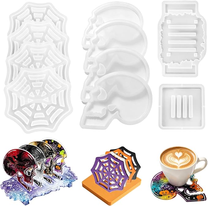 10Pcs Coaster Resin Molds, Skull & Spider Web with Storage Holders - skull coaster