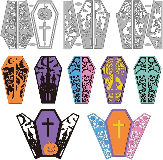 MAYJOYDIY Halloween Skull Coffin Die Cuts Cross Jack O Lantern Haunted House Embossing Template Bat Spider Ghost Carbon Steel Cutting Stencils for Card Making DIY Scrapbooking Album Gift Decoration