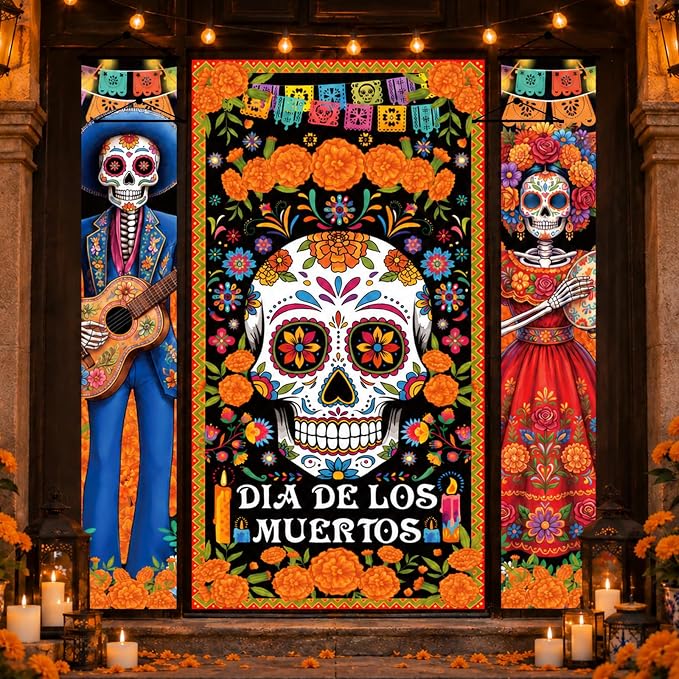 Dia De Los Muertos Door Cover Banner 3 Pcs Day of the Dead Door Decorations - skull floor mat