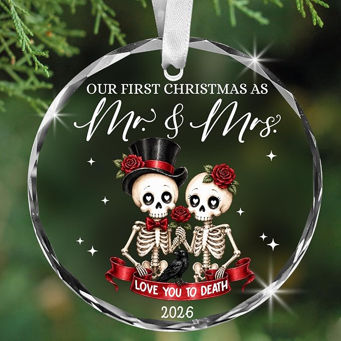 First Christmas Married Ornament 2026, Our First Christmas as Mr and Mrs Glass Ornament, Newlywed Couple, Gothic Skeleton Wedding Keepsake, Love You to Death - skeleton