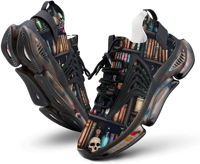Bookshelf and Skull Sneakers for Women Lightweight - sugar skull boots