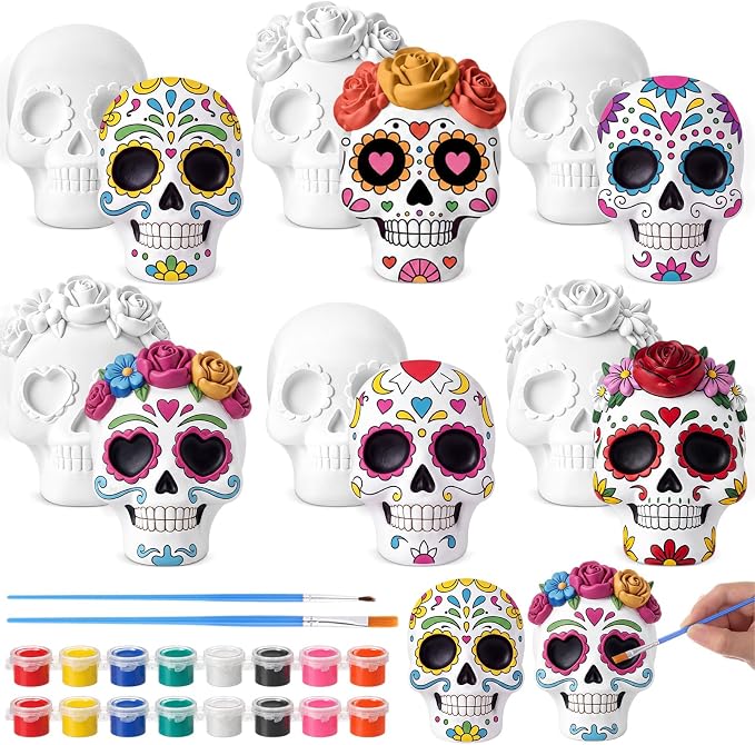 Leinuosen 6 Pcs Sugar Skulls to Paint Day of The Dead Figurines DIY Craft - skull painting
