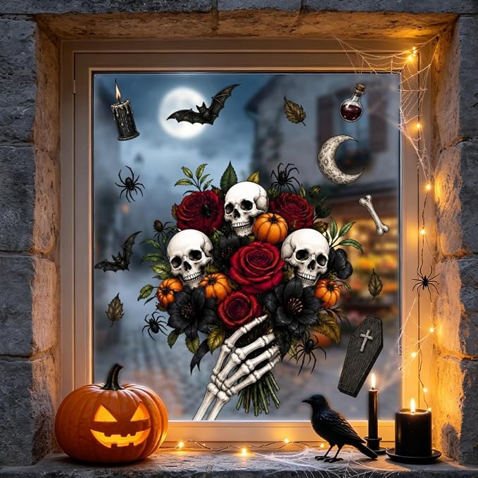 Red Rose Skull Window Clings Halloween Skeleton Flowers Window Stickers - skull sticker