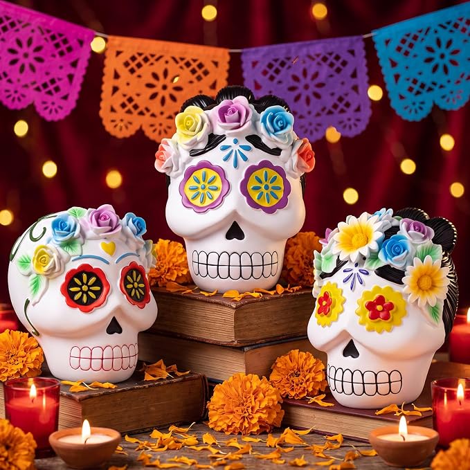 BreezeHug 3 Pack Resin Day of the Dead Floral Sugar Skull Figurines - skull figurine