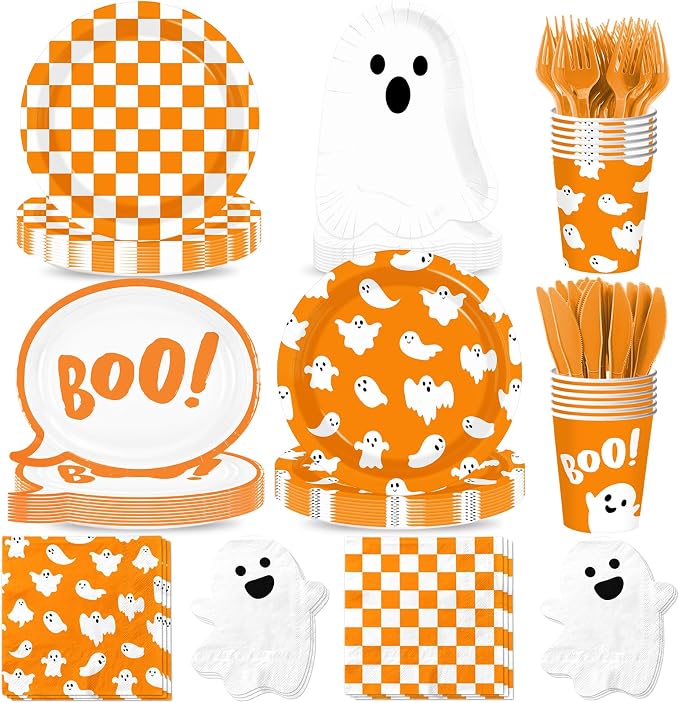 Orange Halloween Paper Plates and Napkins Set, Ghost Boo Tableware Serve 24 - skull plate