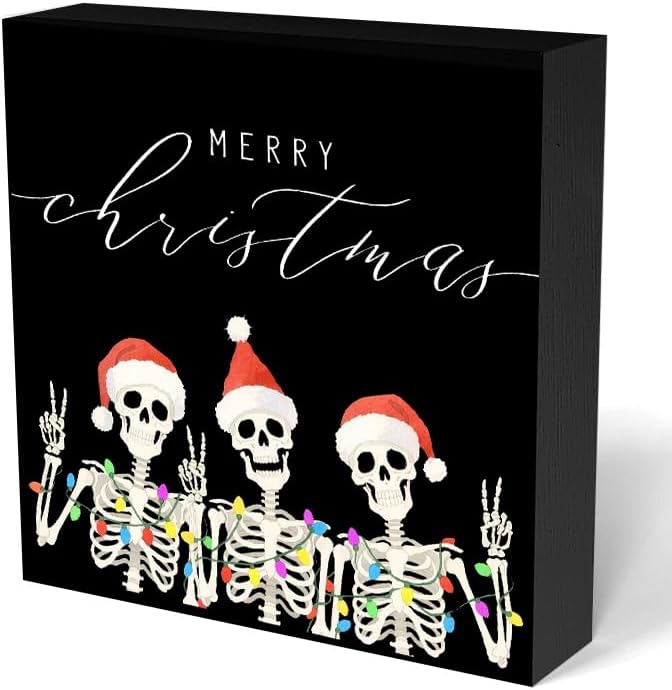 Skeleton Gothic Christmas Black Wooden Box Sign for Home Decor, 5x5 In - skeleton