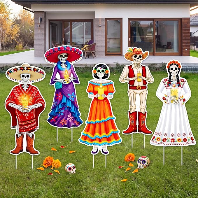 5 Pcs Day of The Dead Yard Signs Dia De Los Muertos Outdoor Decor - skull inflatable