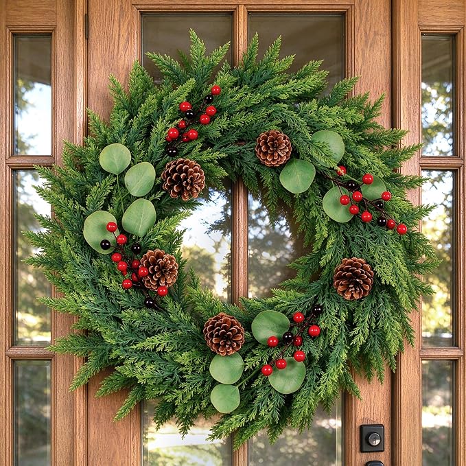 Christmas Decor, 24" Cedar Christmas Wreath with Pinecones - skull wreath