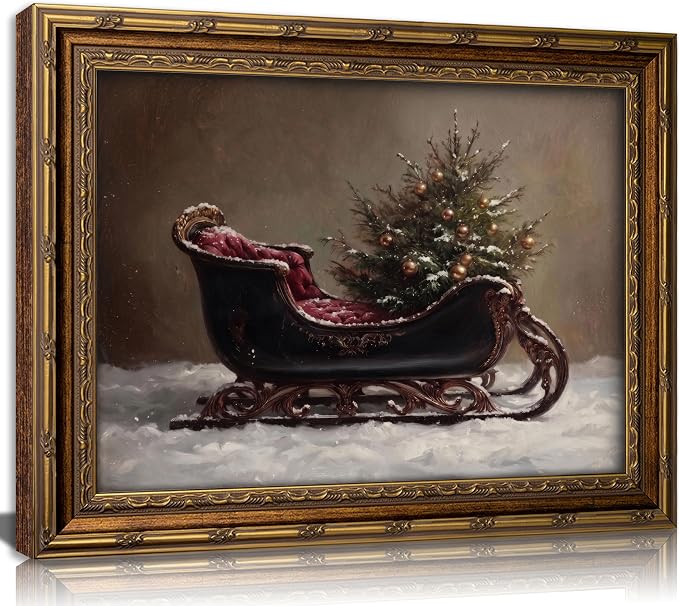 Vintage Gold Framed Christmas Wall Art, Christmas Tree Sleigh Wall Decor - skull wall art