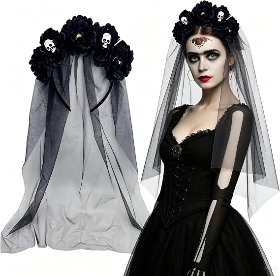 Gothic Rose Floral Skull Crown Headpiece with Veil, Day of the Dead Flower Headband Halloween Cosplay Costume Hair Accessories for Women - skull headband