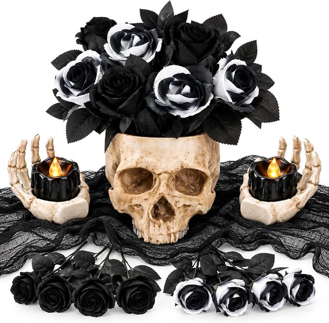 14 Pcs Halloween Gothic Table Centerpieces, Skull Planter & Gauze Runner - skull candle