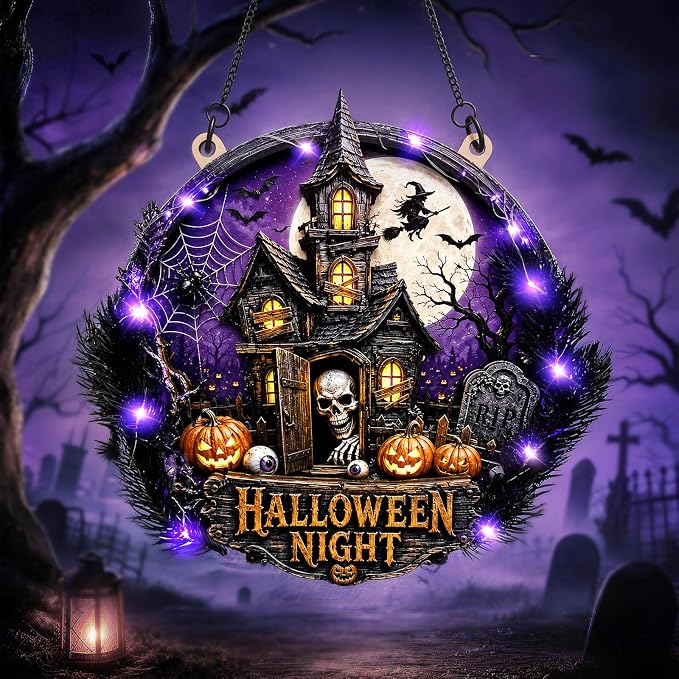 Halloween Wreath with Lights for Front Door,13 Inch Halloween Door Wreath