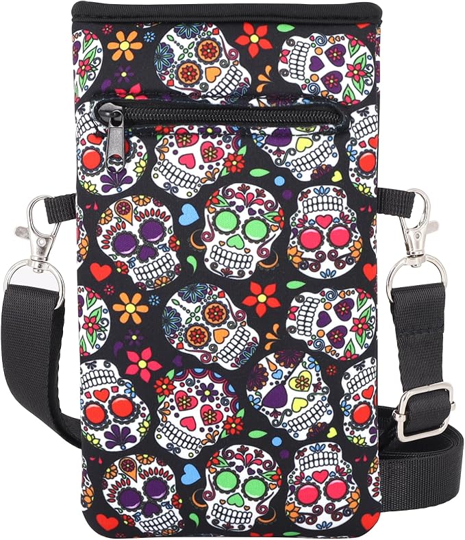 Zipper Neoprene Phone Sleeve with Crossbody, Floral Sugar Skull - Skull phone case
