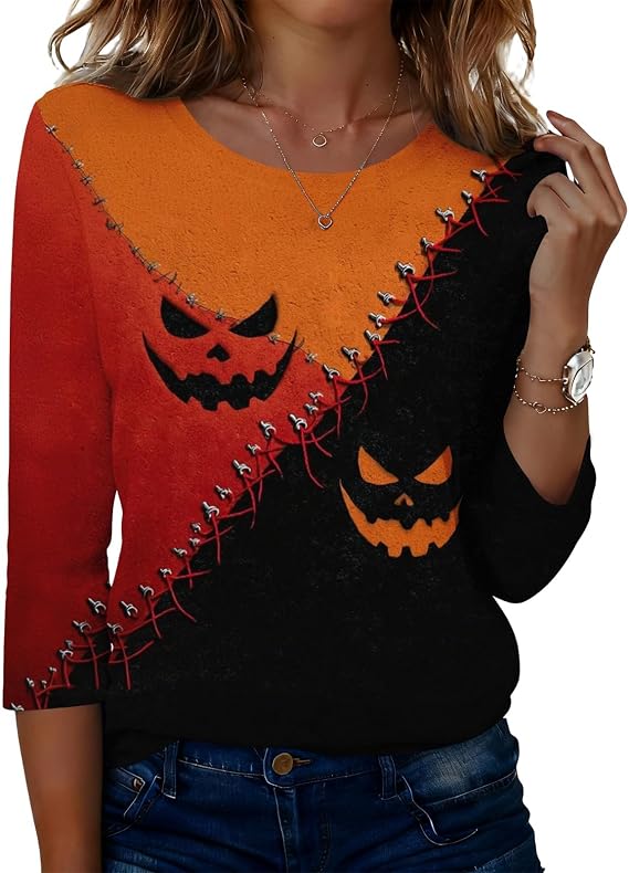 Women's Halloween Shirt Witch Tshirts Shirts for Women Witch Crew Neck Long Sleeve T-Shirt Bat Pumpkin Top Skull Tee - skull tshirt