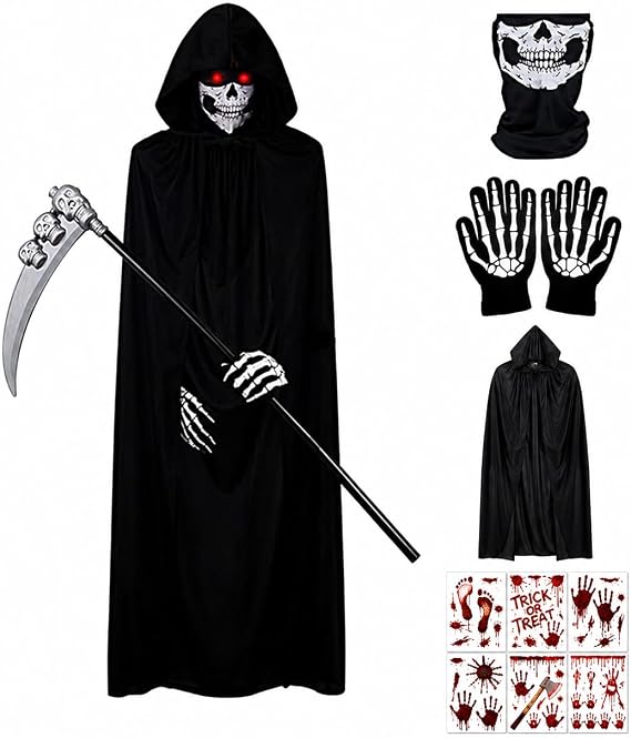 Grim Reaper Costume Adult with Scythe, Skeleton Gloves & Skull Face Cover - sugar skull costume
