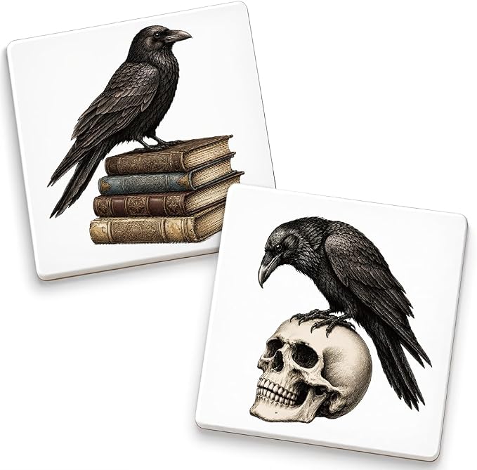 Raven Books Halloween Gothic Crow Skull Ceramic Coasters Set of 2 - skull coaster