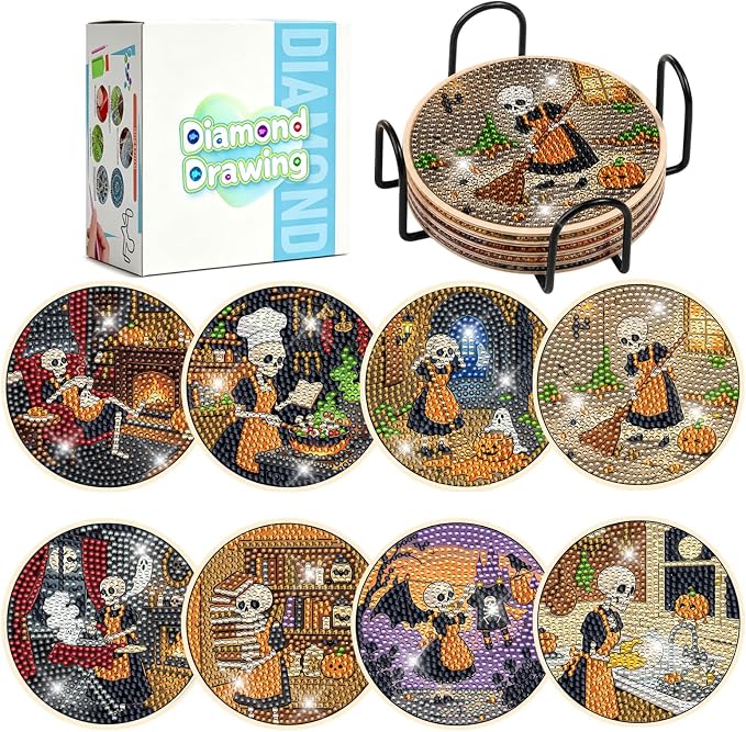 8 Pcs Halloween Skull Diamond Painting Coasters Kit for Adults with Holder - skull coaster