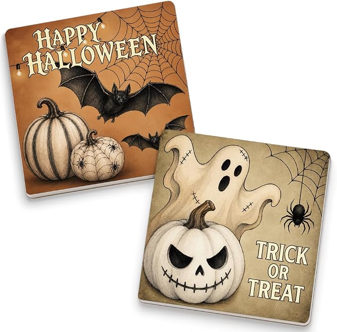 Happy Halloween Trick or Treat Spooky Ceramic Coasters Set of 2 - skull coaster