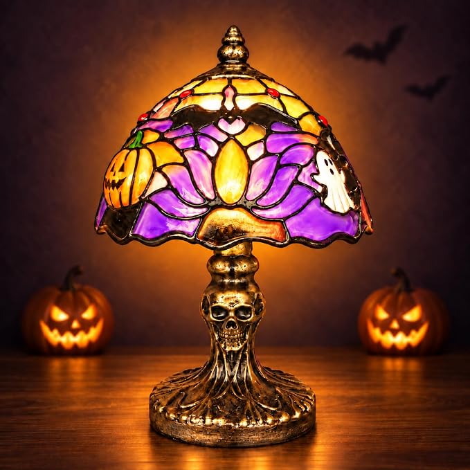 Hand-Painted Halloween Table Lamp, Pumpkin Ghost and Bat Design, Skull Base, USB-Powered Decorative Light for Holiday Decor - skull lamp