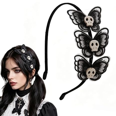 Gothic Black Skull Butterfly Headband, Ghost Halloween Hair Accessory - sugar skull costume